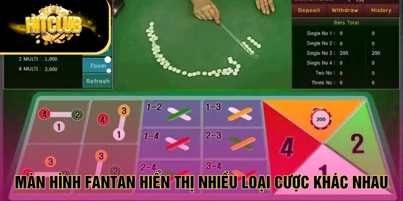 Màn hình Fantan hiển thị nhiều loại cược khác nhau